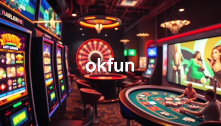 Experience the thrill of online casino gaming at okfun with vibrant slot machines, interactive tables, and glowing elements.