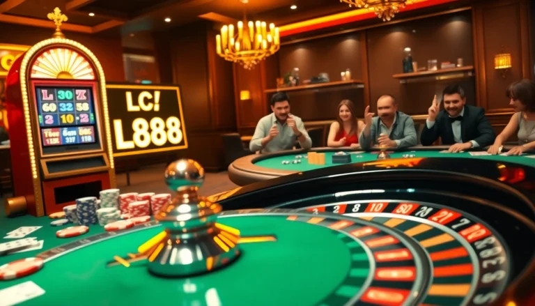 Experience the thrill of gambling with the LC88 Jackpot! illuminated slot machine amidst vibrant casino excitement.